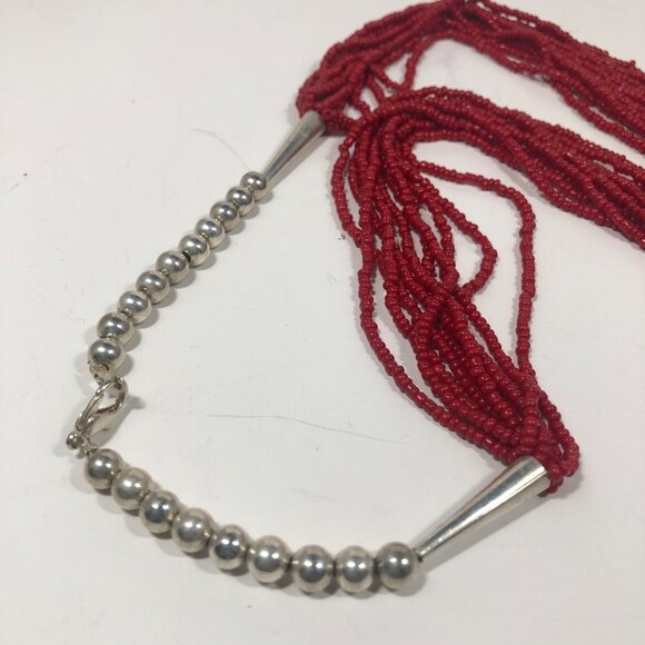 Artisian Red Seed Bead Necklace Boho Statement Silver Tone Pendant Southwestern - Picture 6 of 7